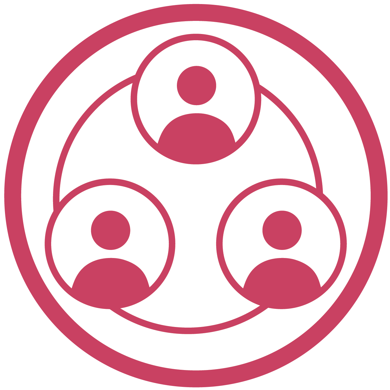 magenta symbol of 3 people inside individual circles, connected by lines, inside a larger circle