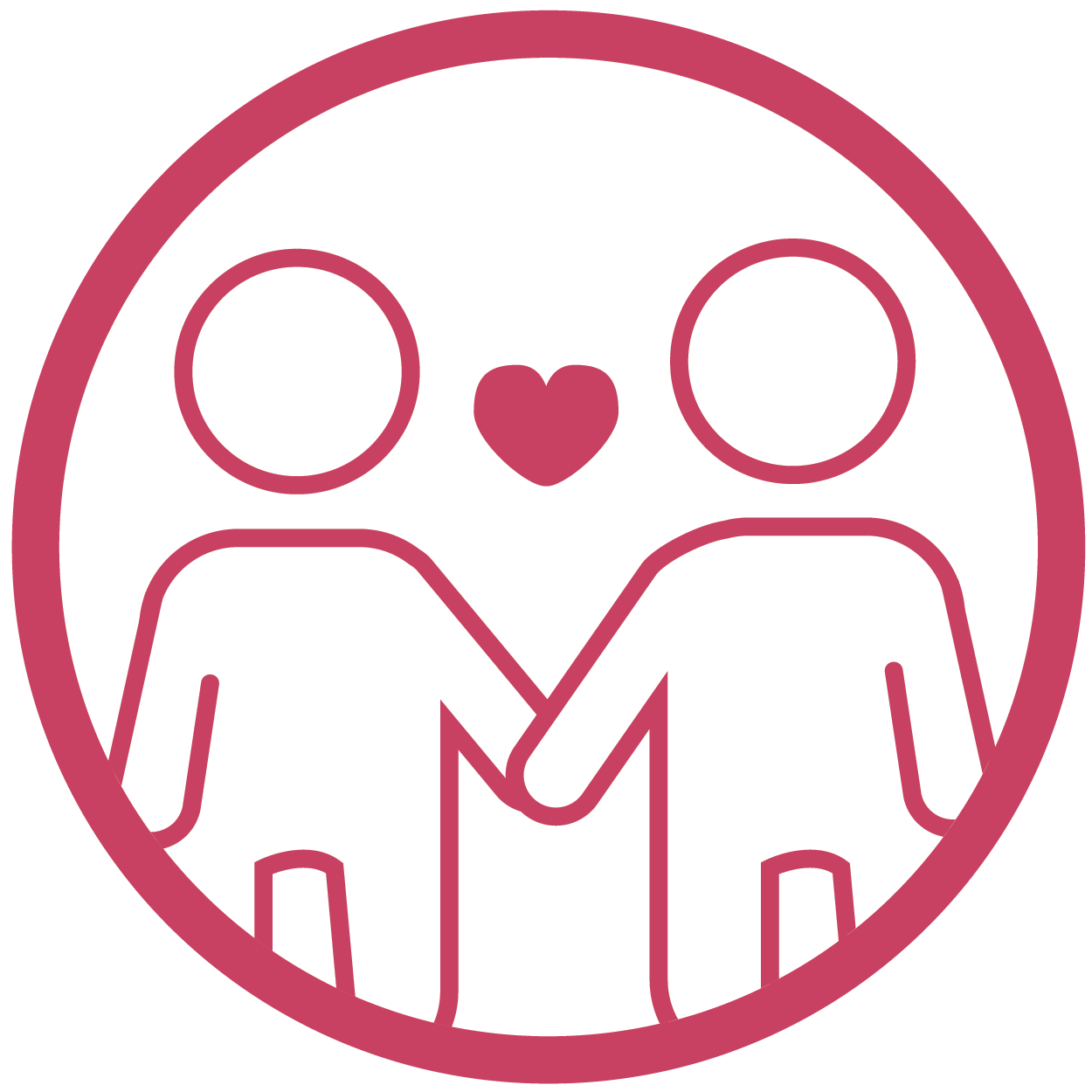 magenta symbol of 2 genderless people holding hands with a small heart between them, inside a circle