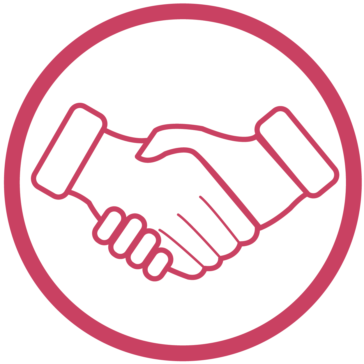 magenta symbol of a handshake, inside a circle