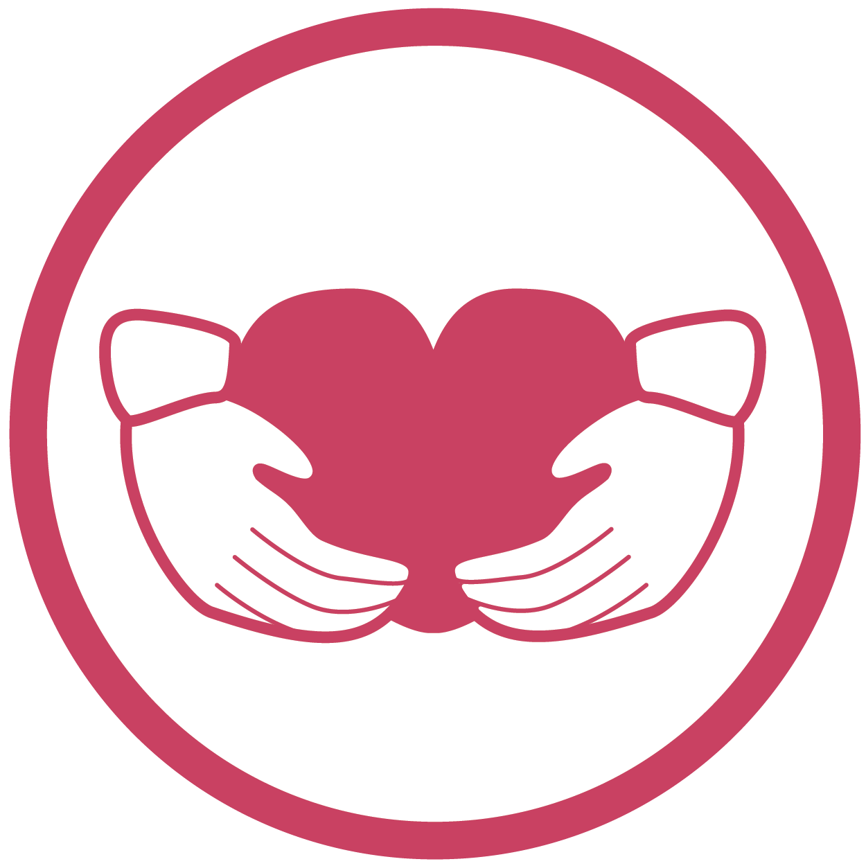 magenta symbol of two hands embracing a heart, inside a circle