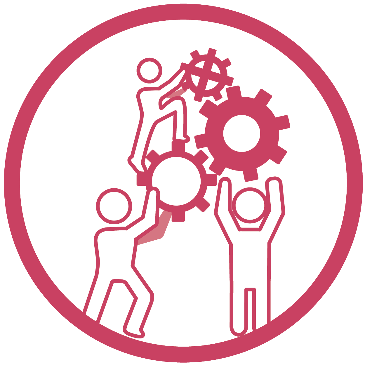 magenta symbol of 3 people working together to stack widgets, inside a circle