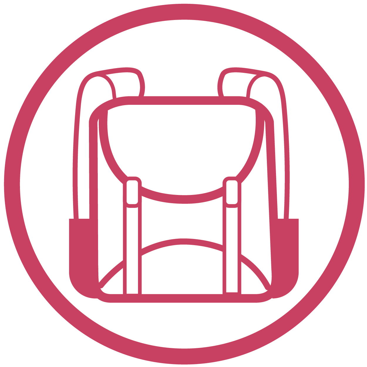 magenta symbol of a backpack, inside a circle