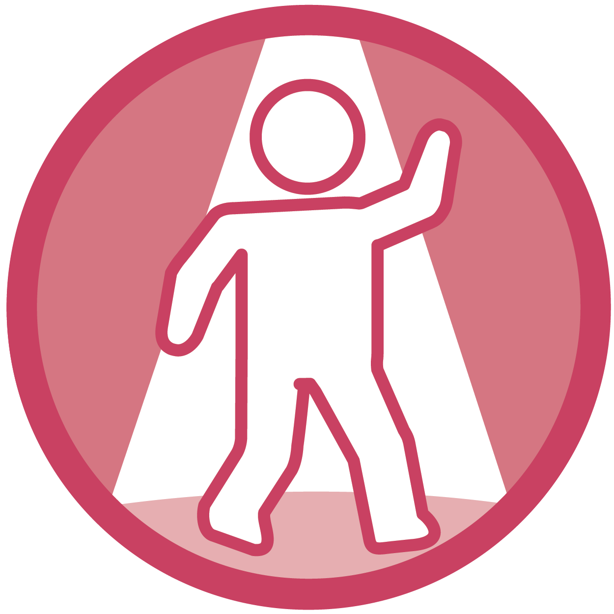 magenta symbol of a genderless person performing beneath a spotlight, inside a circle