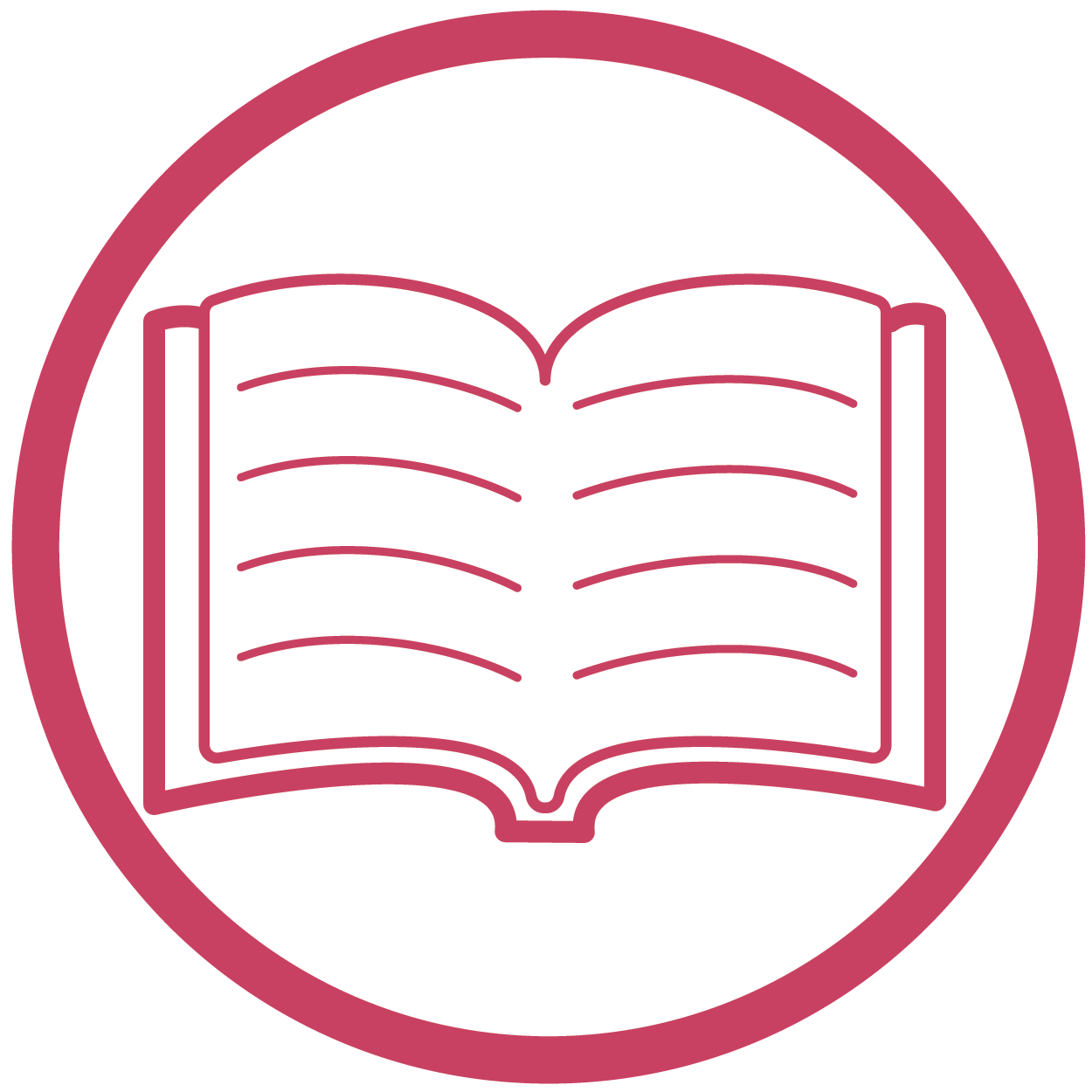 magenta symbol of an open book inside a circle