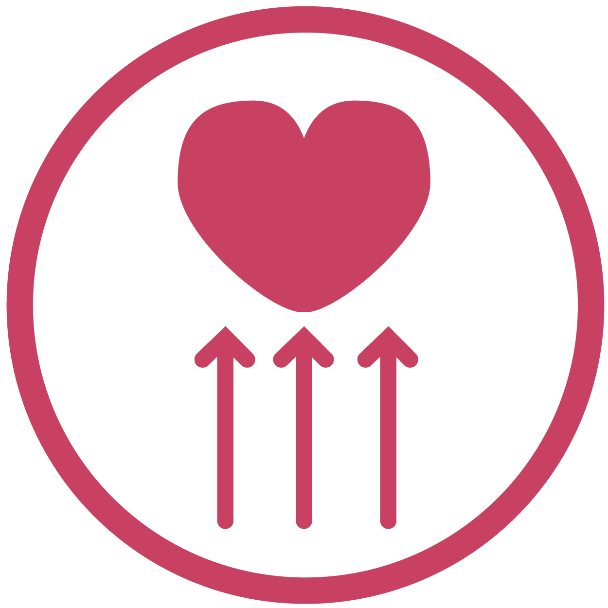 magenta symbol of 3 arrows pointing upwards at a heart, inside a circle