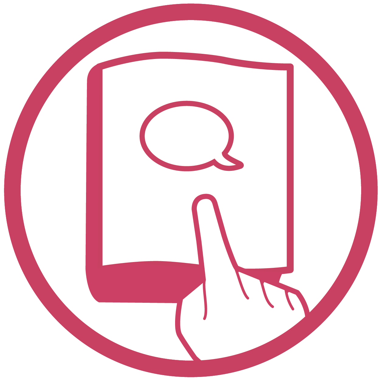 magenta symbol if a book with a speech bubble on the cover and a finger pointing to the book, inside a circle