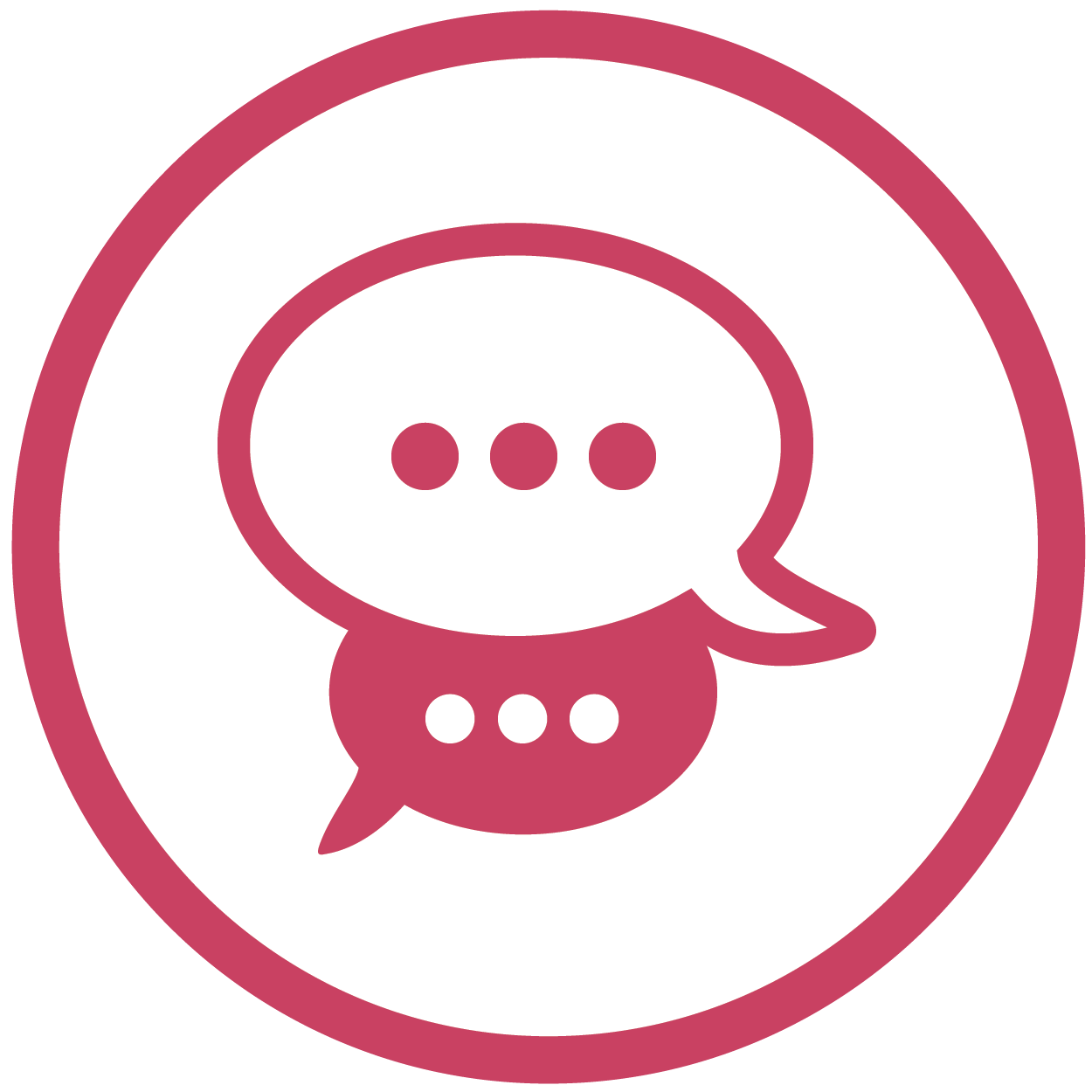 magenta symbol with two overlapping speech bubbles inside circle