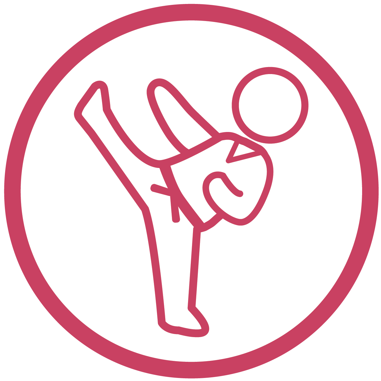 magenta symbol of a person wearing a martial arts uniform, doing a high kick, inside a circle