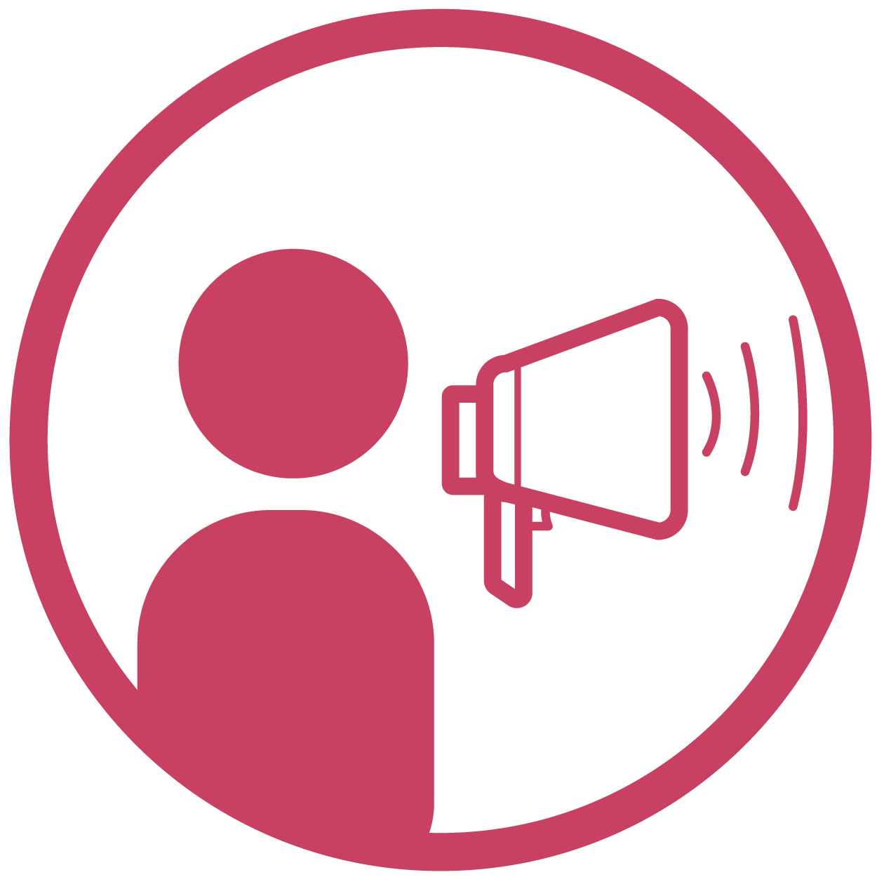 magenta symbol of a person speaking into a megaphone, inside a circle