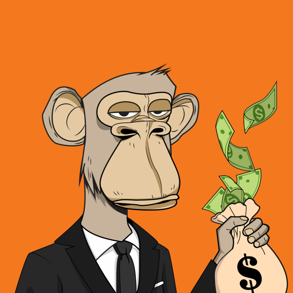 bored ape wearing black suit holding a money bag