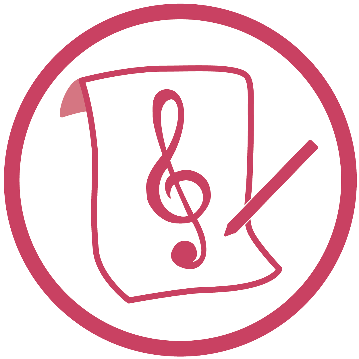 magenta symbol of a sheet with a music note on it with a pen beside it, inside a circle