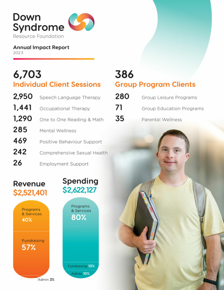 DSRF annual report, with picture of a brown-haired white man with Down syndrome wearing yellow t-shirt and a backpack, holding a binder