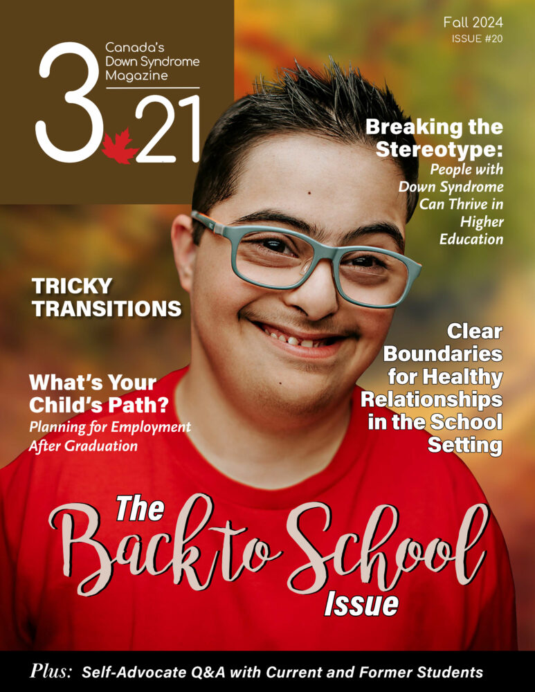 teenage Asian male with black hair, blue glasses, and red t-shirt smiles in front of fall background on the cover of the Back to School issue of 3.21: Canada's Down Syndrome Magazine