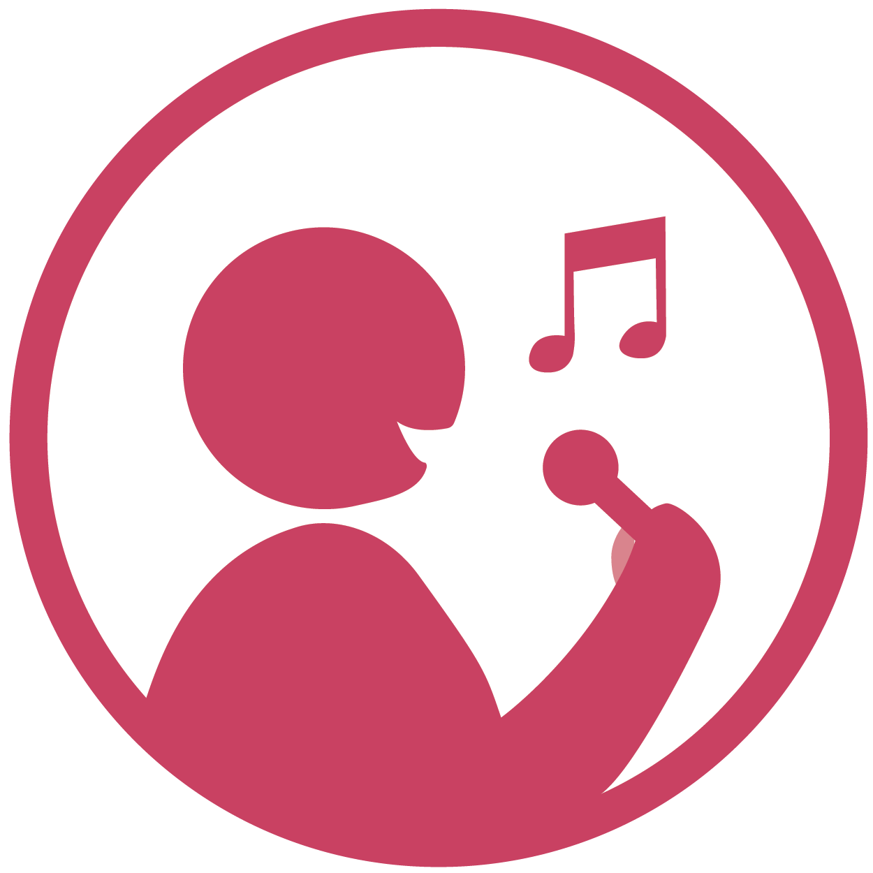 magenta symbol of a person singing into a microphone, with a floating music note, inside a circle