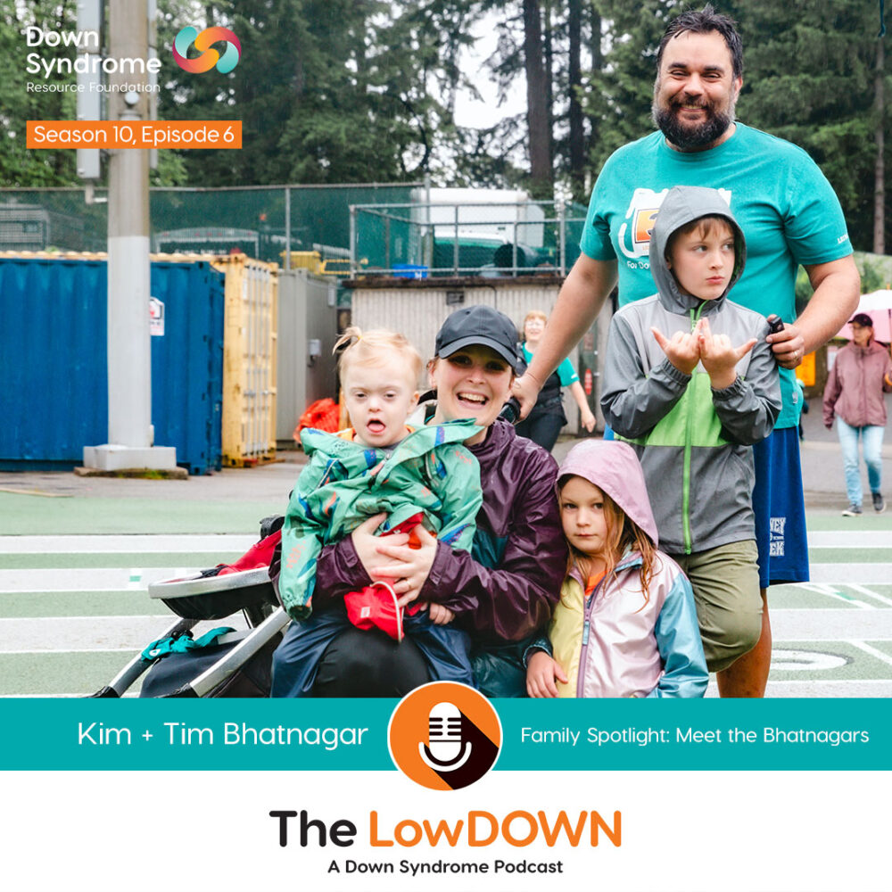 a white family of 5 (mom, dad, and 3 kids, one of whom has Down syndrome), pictured at Run Up for Down Syndrome